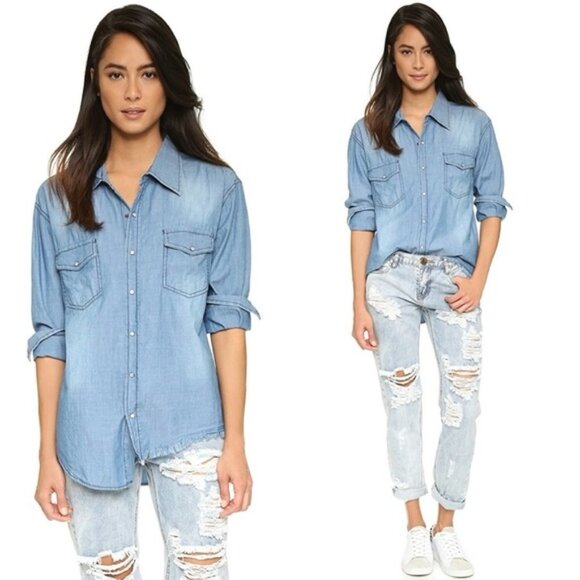 Free People One Teaspoon Chambray Denim Button Down Shirt Jean Frayed Blue XXS - Picture 2 of 16